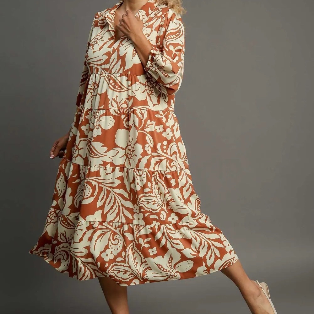 NWOT Umgee Rust and Cream Floral Midi Dress - Picture 5 of 9
